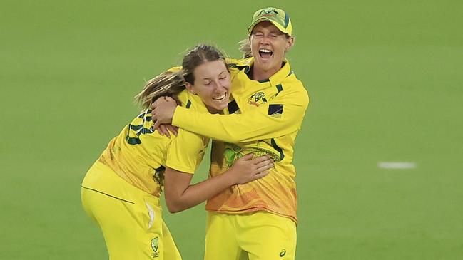 Darcie Brown celebrates taking a wicket with captain Meg Lanning as Australia wrapped up the Ashes in Canberra last month Picture: Getty Images