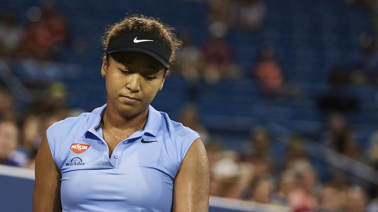 CINCINNATI, OH - AUGUST 19: Naomi Osaka of Japan looks down in frustration during the match on day 4 of the Western &amp; Southern Open at the Lindner Family Tennis Center in Mason, Ohio on August 19, 2021. (Photo by Shelley Lipton/Icon Sportswire via Getty Images)