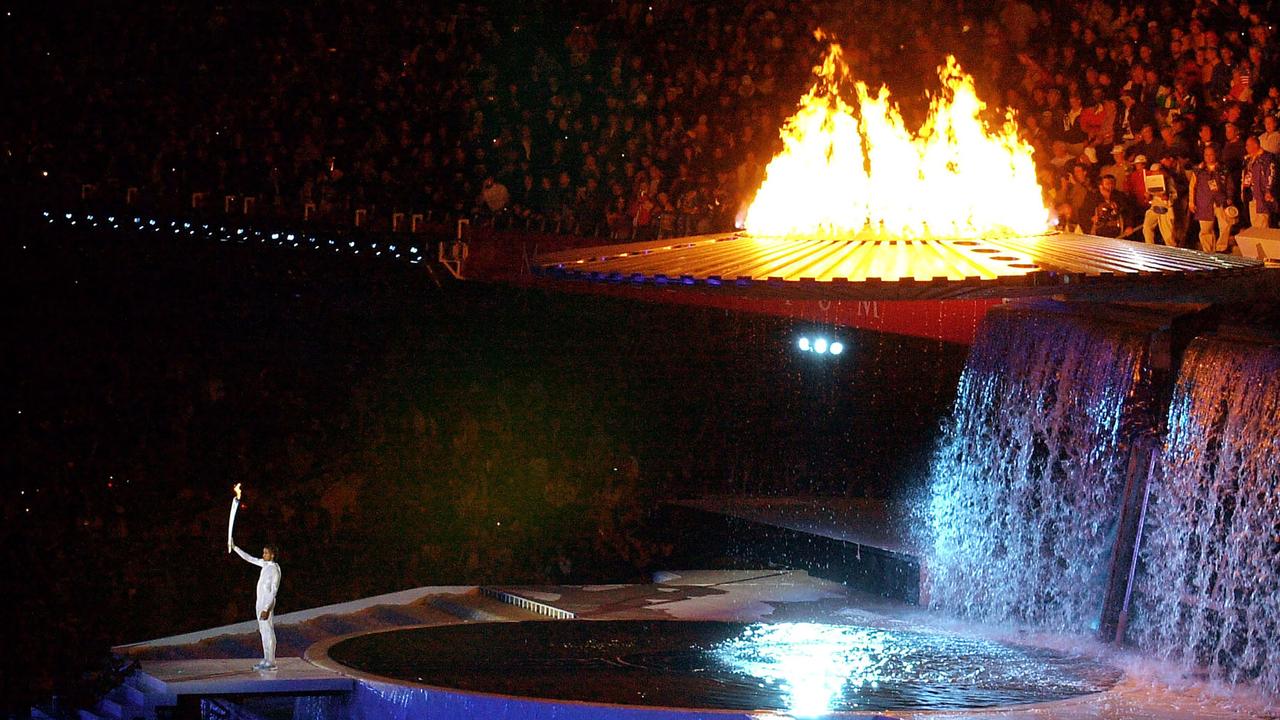 Cathy Freeman after lighting the cauldron at the Opening Ceremony at the Sydney Olympic Games on September 15, 2000. Picture: AFP