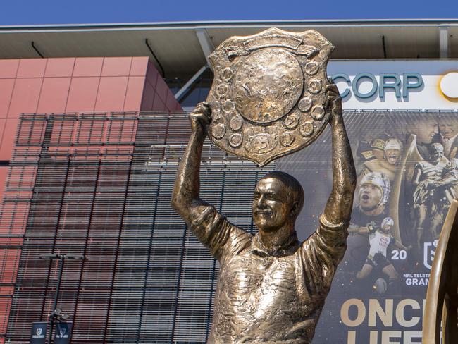 2021 NRL Grand Final Trophy next to the  Wally Lewis statue at Suncorp Stadium, Brisbane,  on Friday 24 September 2021.Picture: Jerad Williams