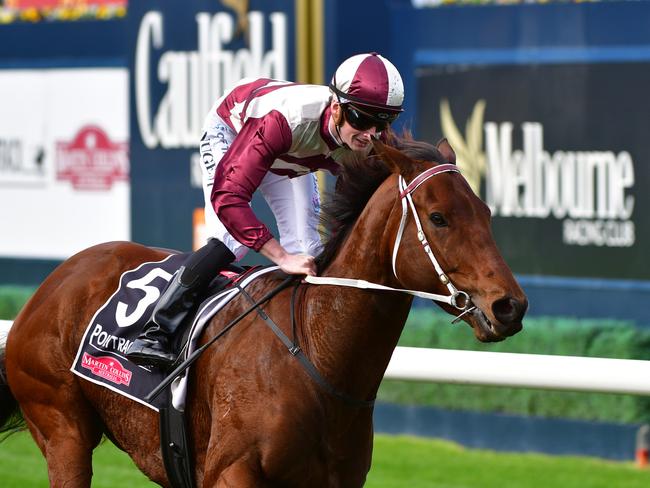 MELBOURNE, AUSTRALIA - MAY 28: Teodore Nugent riding Ashford Street winning Race 1, the Martin Collins Polytrack Plate, during Melbourne Racing at Caulfield Racecourse on May 28, 2022 in Melbourne, Australia. (Photo by Vince Caligiuri/Getty Images)