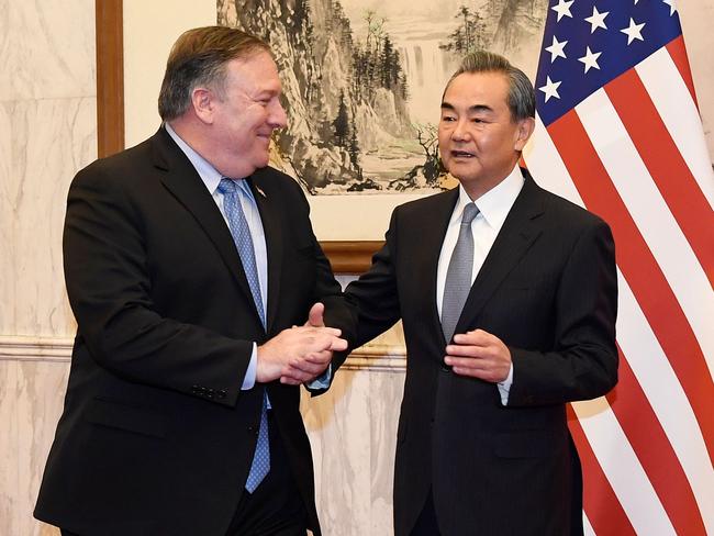 Pompeo talks to Chinese Foreign Minister Wang Yi in Beijing in 2018. Picture: AFP