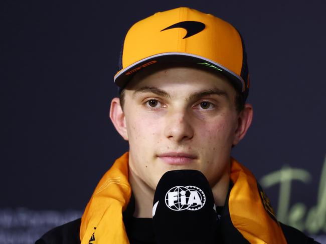 JEDDAH, SAUDI ARABIA - APRIL 19: Second placed qualifier Oscar Piastri of Australia and McLaren in the Drivers Press Conference during qualifying ahead of the F1 Grand Prix of Saudi Arabia at Jeddah Corniche Circuit on April 19, 2025 in Jeddah, Saudi Arabia. (Photo by Clive Rose/Getty Images)