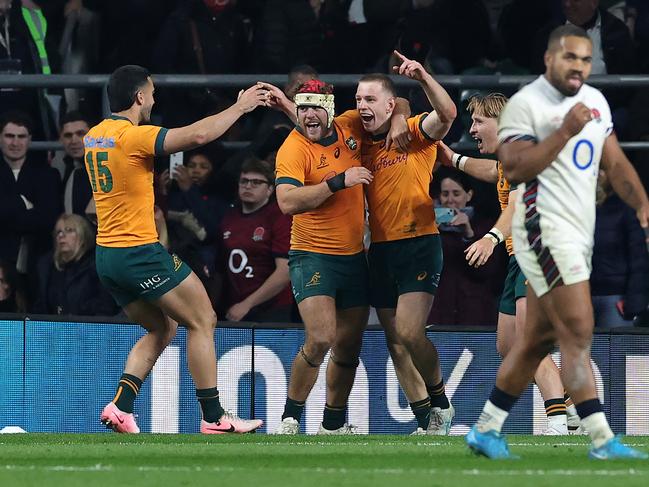 Max Jorgensen celebrates after scoring the Wallabies' match-winning try. Picture: Getty