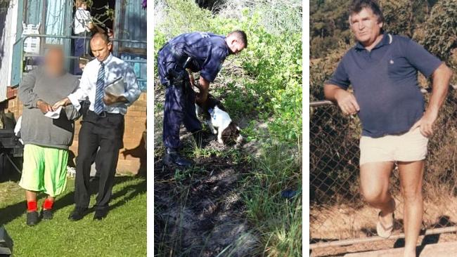 Sales being arrested in May 2014, a cadaver dog searches bushland and missing man Ron Penn (right).