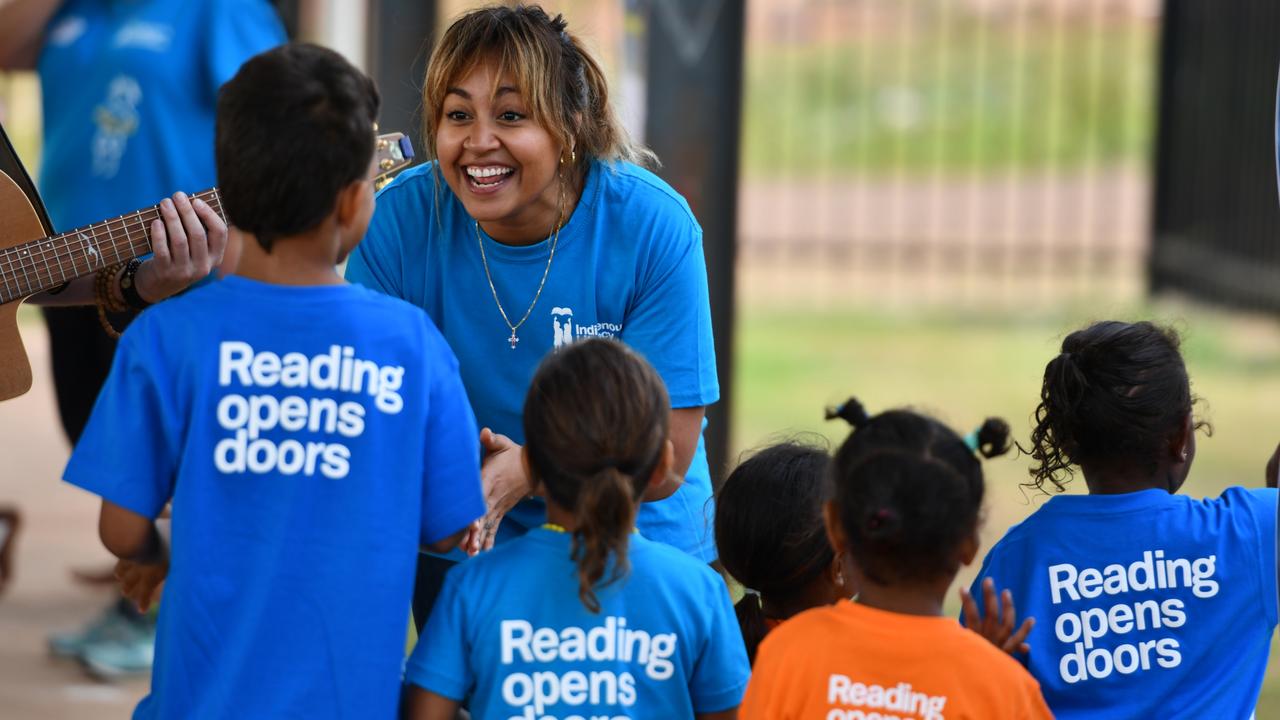 Indigenous Literacy Foundation ambassador Jess Mauboy and First Nations singer-songwriter and dancer Mitch Tambo believe literacy is enhanced through the power of music. Picture: Wayne Quilliam