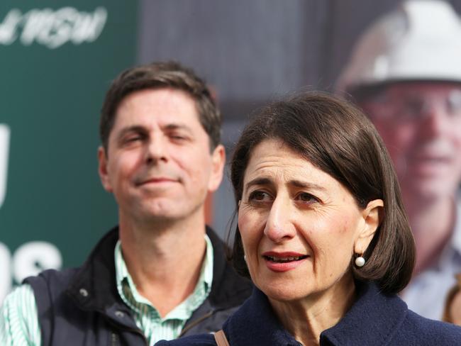 Nationals candidate Dave Layzell is supported by Premier Gladys Berejiklian in Muswellbrook on Saturday. Picture: NCA NewsWire/Peter Lorimer