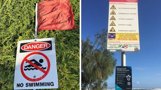 Beach signs at Happy Valley warning people not to swim.