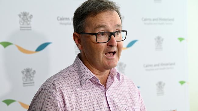 Cairns Hospital acting chief executive Dr Jeremy Wellwood delivers a Covid update on Thursday, August 4. Picture: Isaac McCarthy