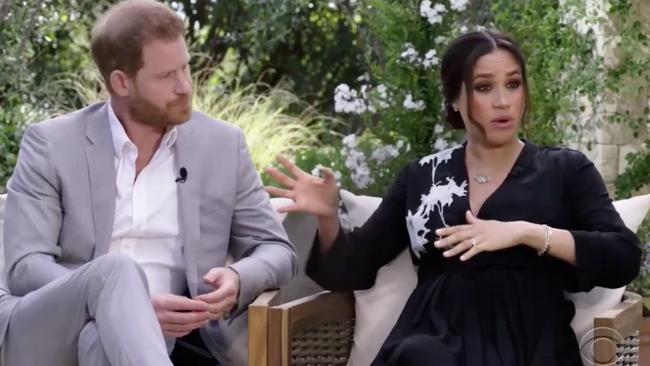 Harry and Meghan during their interview with Oprah Winfrey, in which they claimed a member of the royal family made racist remarks about what Archie’s skin colour would be. Picture: CBS