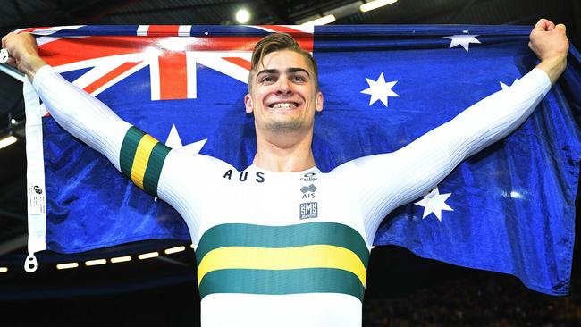 Matthew Glaetzer after winning the sprint final at the Track Cycling World Championships.