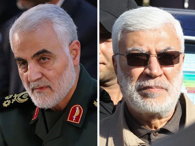 CORRECTION - (COMBO) This combination of file photos shows a handout picture provided by the office of the Iranian Ayatollah Ali Khamenei on June 4, 2019 of Iranian Major General in the Islamic Revolutionary Guard Corps (IRGC) Qasem Soleimani (L) in Tehran; and a file photo taken on December 31, 2019 of Abu Mahdi al-Muhandis (R), a commander in the Popular Mobilization Forces, attending a funeral procession of Hashed al-Shaabi fighters in Baghdad. - A US strike killed top Iranian commander Qasem Soleimani and the deputy head of Iraq's Hashed al-Shaabi military force, Abu Mahdi al-Muhandis, at Baghdad's airport early on January 3, 2020, the Hashed announced. (Photo by Handout and Ahmad AL-RUBAYE / IRANIAN SUPREME LEADER'S WEBSITE / AFP) / --- RESTRICTED TO EDITORIAL USE - MANDATORY CREDIT "AFP PHOTO / KHAMENEI.IR" - NO MARKETING - NO ADVERTISING CAMPAIGNS - DISTRIBUTED AS A SERVICE TO CLIENTS / “The erroneous mention[s] appearing in the metadata of this combo photo has been modified in AFP systems in the following manner: [January 3, 2020 in the second sentence] instead of [January 3, 2019]. Please immediately remove the erroneous mention[s] from all your online services and delete it (them) from your servers. If you have been authorized by AFP to distribute it (them) to third parties, please ensure that the same actions are carried out by them. Failure to promptly comply with these instructions will entail liability on your part for any continued or post notification usage. Therefore we thank you very much for all your attention and prompt action. We are sorry for the inconvenience this notification may cause and remain at your disposal for any further information you may require.”