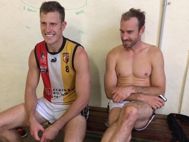 Brothers Travis and Shane Tuck after playing their only game together, for Goodwood Saints in 2017.