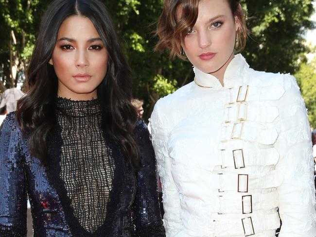 Jessica Gomes and Montana Cox pictured arriving on the red carpet at the 2015 ARIA Awards held at The Star in Pyrmont , Sydney. Picture: Richard Dobson