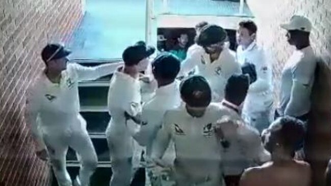 David Warner and Quinton de Kock clash in a stairwell. Photo: Supplied