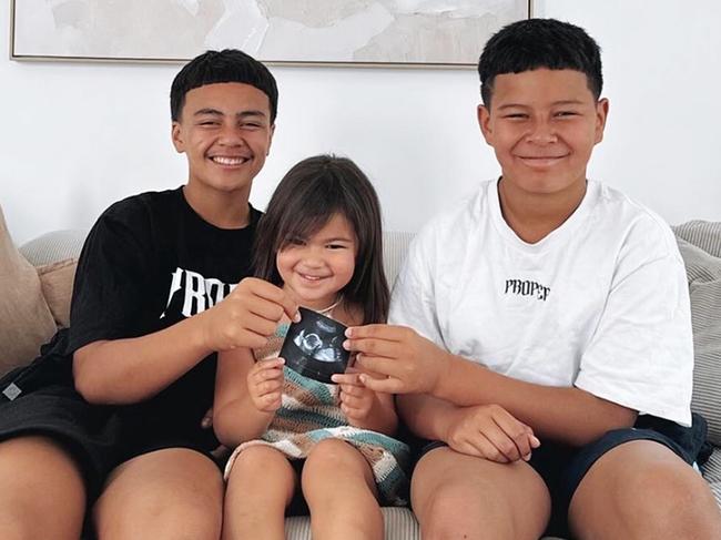 Brisbane Broncos player Payne Haas is the legal guardian for his younger brothers Geejay, 12, and Hans, 14, pictured with Haas' 3-year-old daughter Lalita. Photo: Supplied.