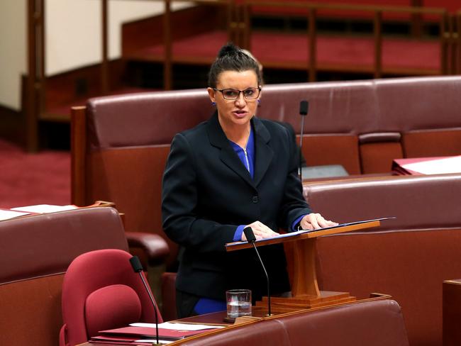 Palmer United Party Senator Jacqui Lambie speaking on the governments financial advice regulations in the senate chamber at Parliament House in Canberra.