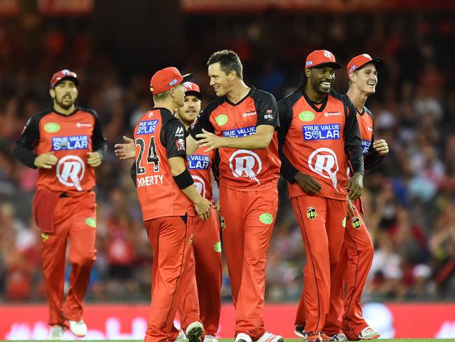 T20 Cricket : BBL:  Melbourne Renegades versus Sydney Sixer's at Melbourne's Etihad Stadium. Celebrations at the first Sixer's batsman to lose his wicket. Picture: Steve Tanner