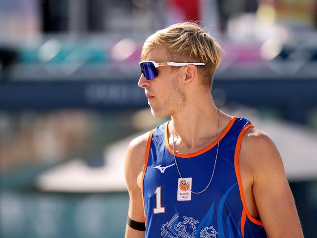 PARIS, FRANCE - JULY 28: Steven van de Velde of Team Netherlands looks on during the Men's Preliminary Phase - Pool B match between Team Netherlands and Team Italy on day two of the Olympic Games Paris 2024 at Eiffel Tower Stadium on July 28, 2024 in Paris, France. (Photo by Cameron Spencer/Getty Images)