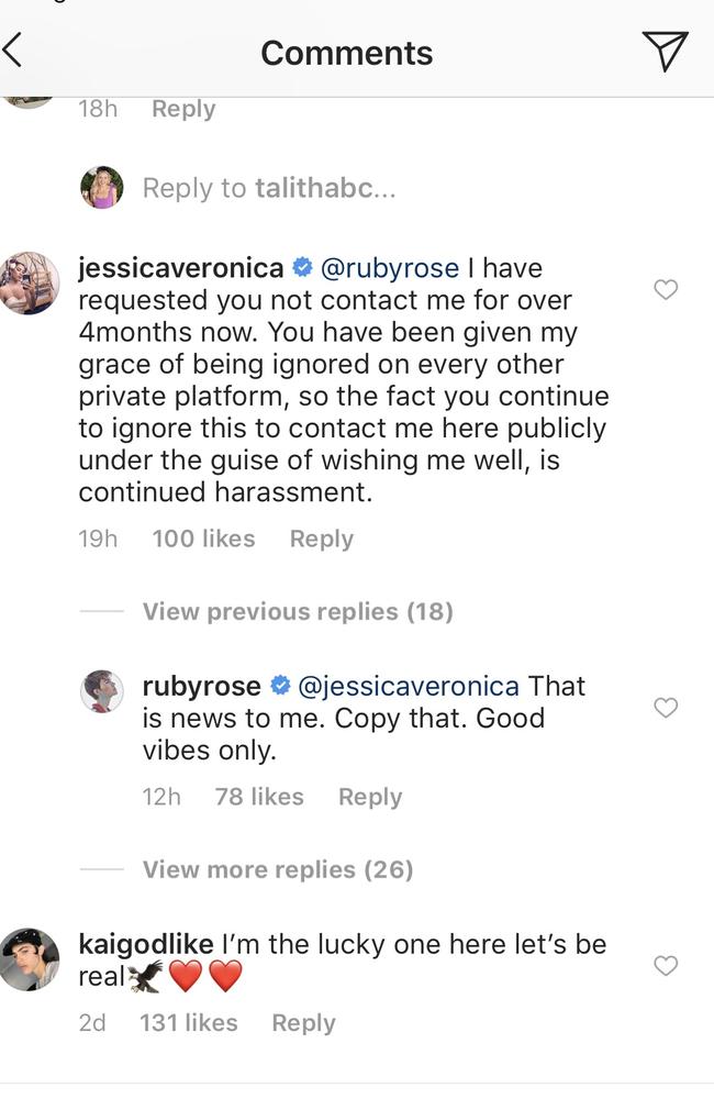 Jess confronted Ruby on her Instagram post. Picture: Instagram/@jessicaveronica