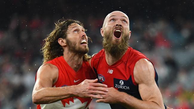 The ruck match-up between Tom Hickey (left) and Max Gawn will be critical to Friday night’s qualifying final. Picture: Getty Images