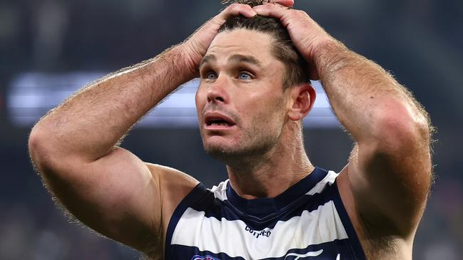 MELBOURNE, AUSTRALIA - MAY 04: Tom Hawkins of the Cats looks dejected after losing the round eight AFL match between Melbourne Demons and Geelong Cats at Melbourne Cricket Ground, on May 04, 2024, in Melbourne, Australia. (Photo by Quinn Rooney/Getty Images)