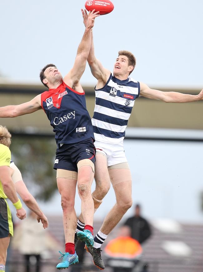 Geelong's Zac Smith battles Melbourne's Cameron Pedersen in the VFL. Picture: Michael Klein