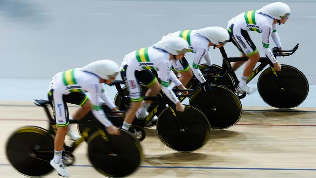 Aussies Annette Edmondson, Ashlee Ankundioff, Amy Cure and Melissa Hoskins on their way to winning the gold medal in world record time in the womens team pursuit final in Paris. Picture: Dean Mouhtaropoulos (Getty Images)