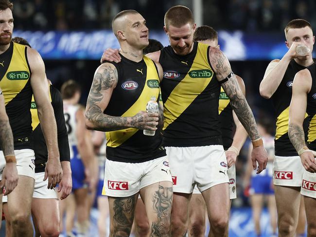 Dustin Martin with Nathan Broad after his final game. Picture: Getty Images