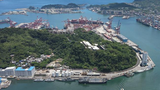 An aerial view of an empty Keelung Harbour as China’s People Liberation Army holds a four-day live fire drill surrounding Taiwan. Picture: AFP.