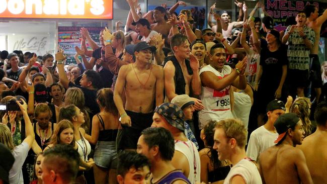 Schoolies celebrations take over the streets of Surfers Paradise on Friday. Picture: Glenn Hampson