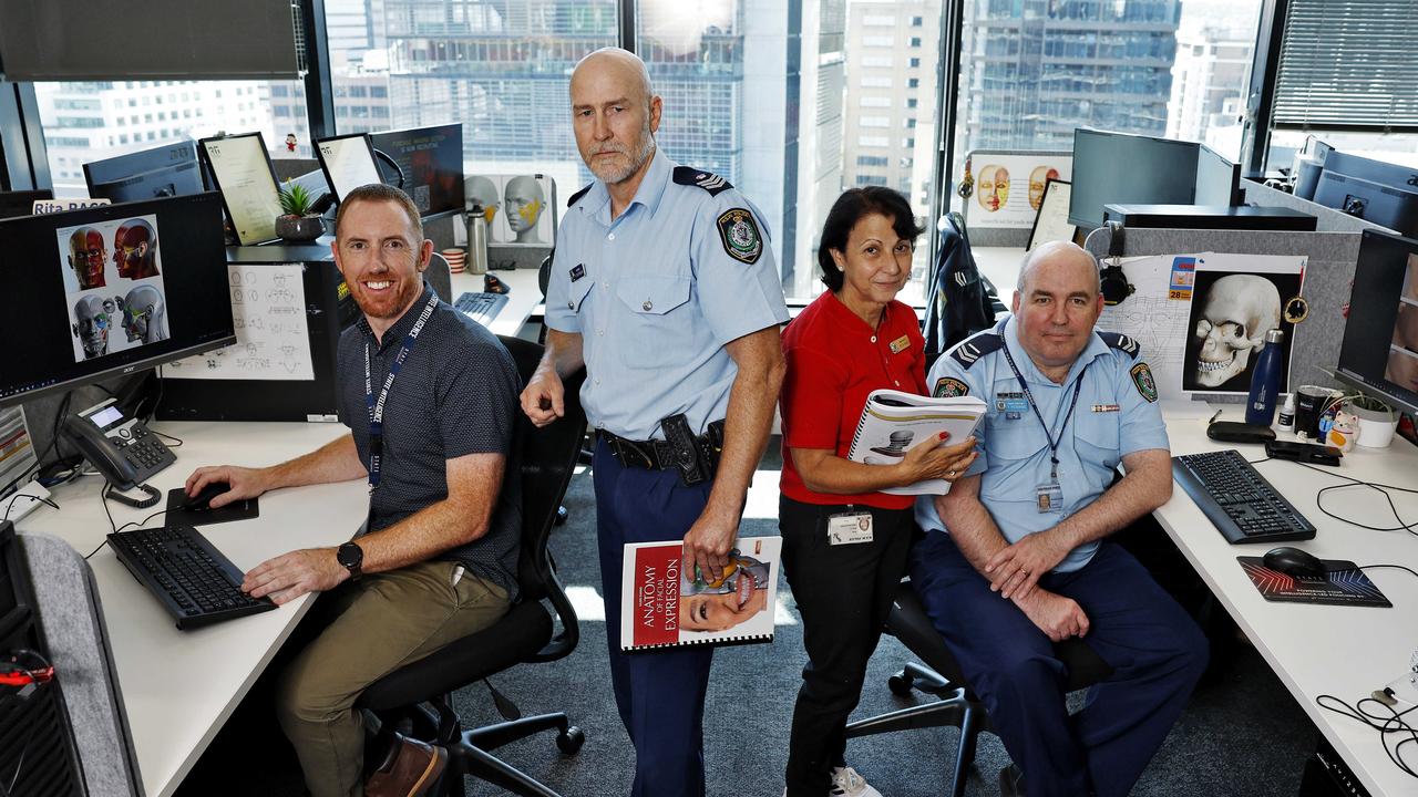 Members of the Facial Recognition Unit State Intelligence Command, pictured L to R: Dallas Maher, Sergeant Robert Dickinson, Rita Raco and Snr Const. Anthony Pickering. Picture: Sam Ruttyn