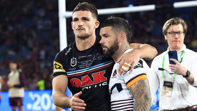 Nathan Cleary and Adam Reynolds after  the 2023 NRL Grand Final between the Brisbane Broncos and the Penrith Panthers at Accor Stadium, Sydney Olympic Park. Pics Adam Head