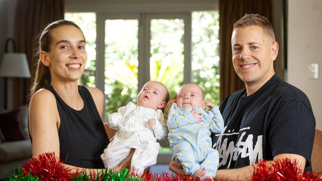 Proud parents Georgia Shapero and Matt Nash with their twins, Sienna and Henry. Picture: Mark Stewart