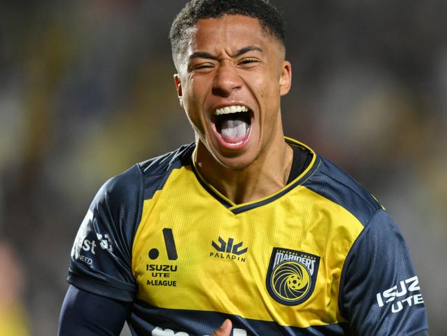 SYDNEY, AUSTRALIA - MAY 20: Samuel Silvera of Central Coast Mariners celebrates scoring a goal during the second leg of the A-League Men's Semi Final between Central Coast Mariners and Adelaide United at Industree Group Stadium, on May 20, 2023, in Sydney, Australia. (Photo by Izhar Khan/Getty Images)