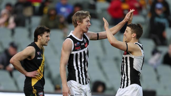 SANFL — Second Semi-Final — Glenelg v Port Adelaide, at Adelaide Oval. Todd Marshall celebrates his goal with Jack Trengove Picture SARAH REED