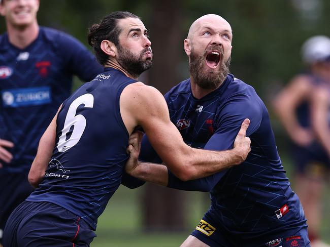 MELBOURNE . 06/02/2023.  AFL.  Melbourne training at Goschs Paddock.  Max Gawn and Brodie Grundy during todays session at Goschs Paddock . Pic: Michael Klein