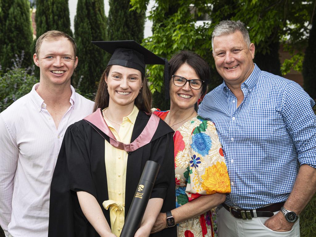 Master of Learning and Teaching (Secondary) graduate Olivia Beard with partner Tim Meyers and parents Pauline and Grant Beard at a UniSQ graduation ceremony at The Empire, Wednesday, October 30, 2024. Picture: Kevin Farmer