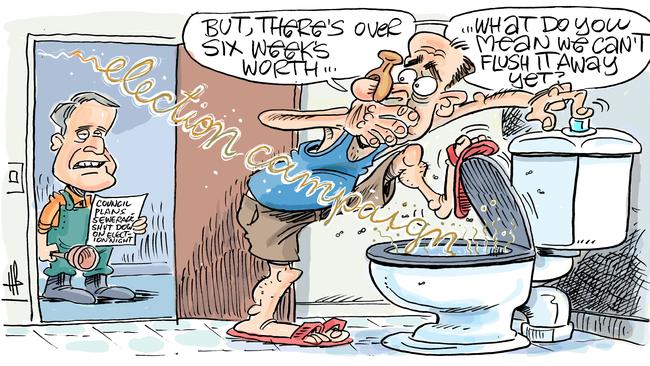 Cartoonist Harry Bruce takes a wry look at election night sewage system shutdown in Mackay.