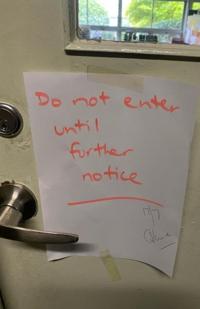 A notice after dust fell in a staffroom. Picture: news.com.au