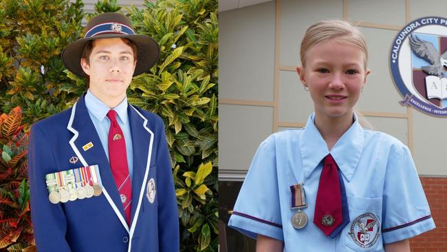 Caloundra school students Cade Stowers and Lillie Sullivan wore family war medals to school ahead of Anzac Day.