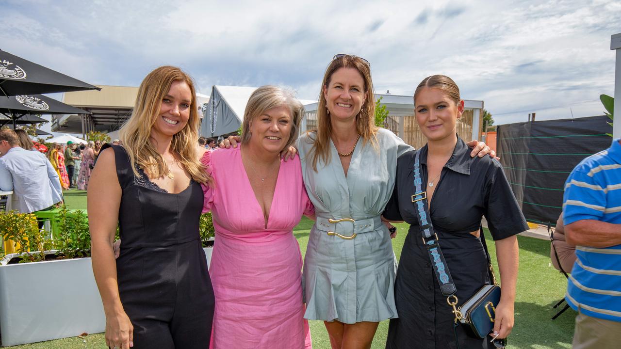 Nicole Foott, Beck Shannon, Danielle Muegel and Neive Price at the 2023 Adelaide Cup at Morphettville Racecourse. Picture: Ben Clark