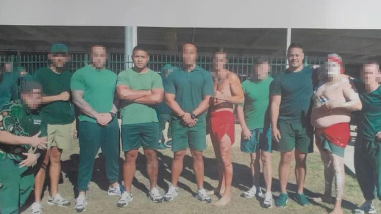 Jarryd Hayne (third from right) and Manase Fainu (fourth from left) in jail together. Picture: Supplied