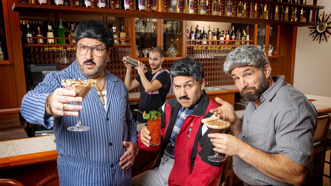 Joe Salanitri, Carlo Salanitri and Andrew Manfre in character at their Melbourne restaurant. Picture: Mark Stewart