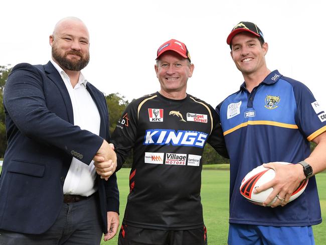 Noosa Pirates president Liam Anlezark, NRL Dolphins Game Development Manager Shane Morris and Noosa Pirates Operations Manager and Game Development Officer Beau Condon. Picture: Patrick Woods.