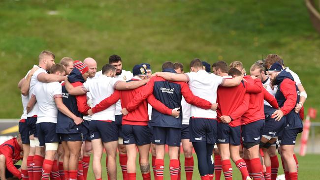 British and Irish Lions players gather before taking part in their captain’s run in Wellington.