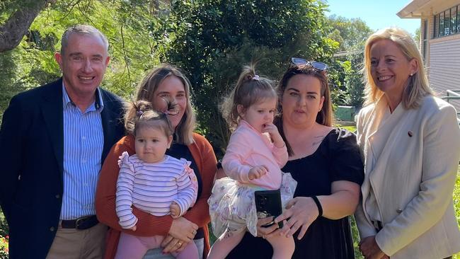 Federal Member for Page Kevin Hogan, left, with mum’s Jaclyn Pilbean and Rachael Lane, and Shadow Minister for Early Childhood Education and Youth Angie Bell MP in Goonellabah.