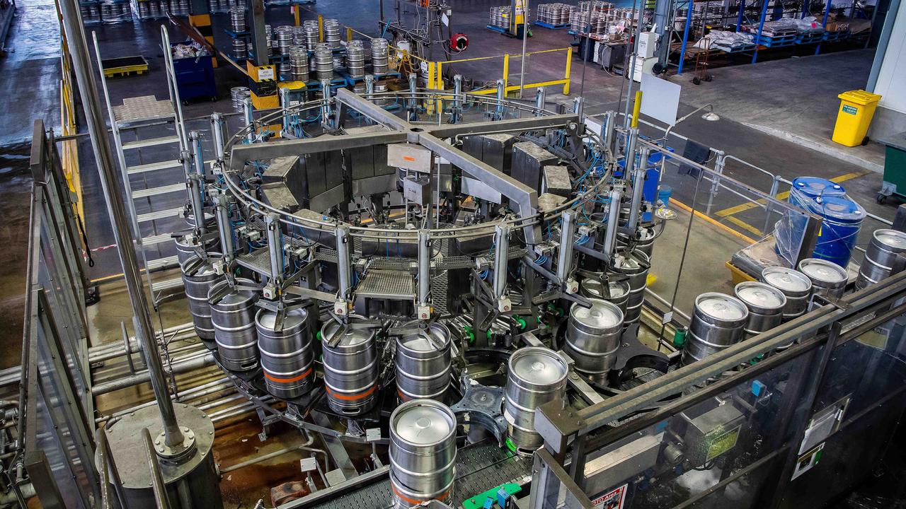 Some of the final kegs roll off the production line at Thebarton. Picture: Tom Huntley