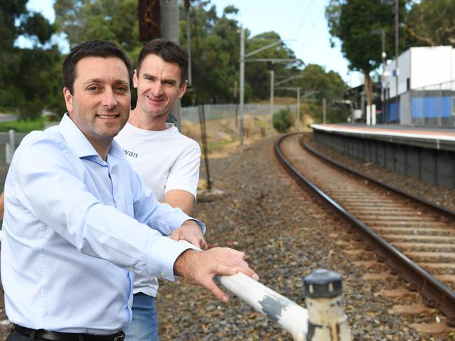 State Opposition leader Matthew Guy (left) and Eltham Liberal candidate Nick McGowan at Montmorency railway station. Picture: James Ross