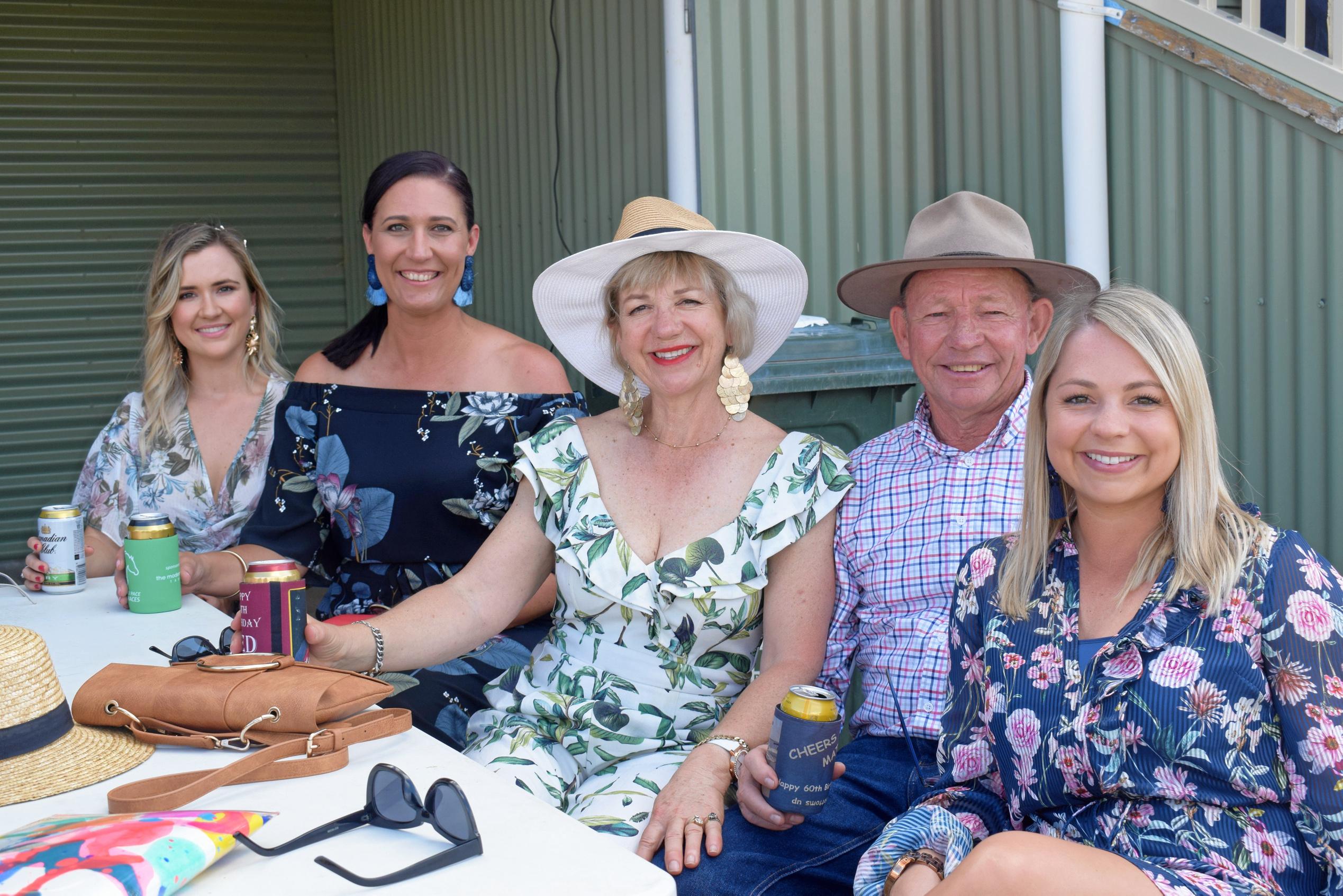 Elise Treleaven, Brodee Morton, Susan Corssley, Ron Crossley, Sarah Crossley at the Tara Races October 6, 2018. Picture: Brooke Duncan